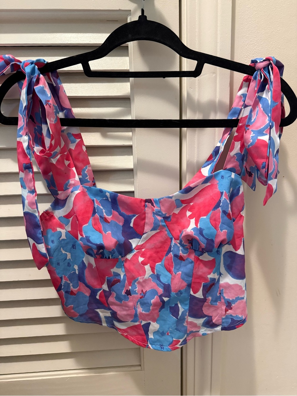 Women’s Tie-Shoulder Floral Crop Top in Pink & Blue
